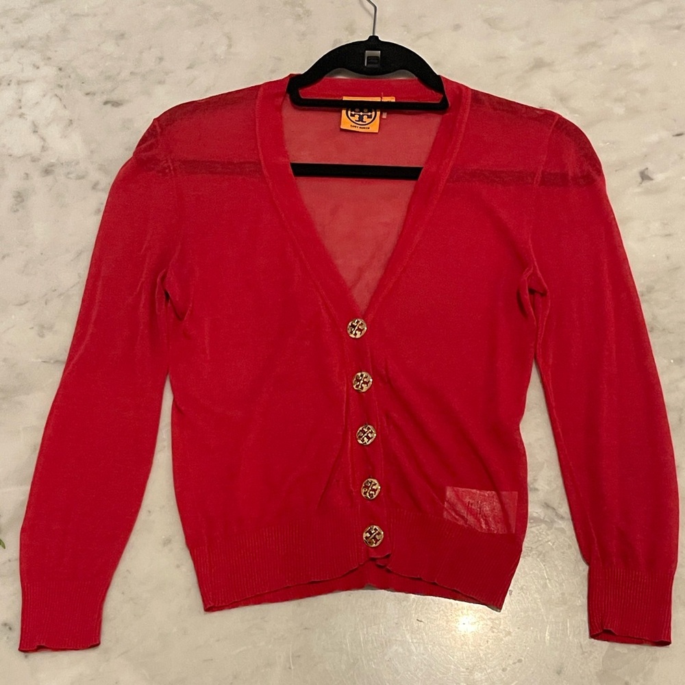 Tory Burch Sheer Red V-Neck Cardigan